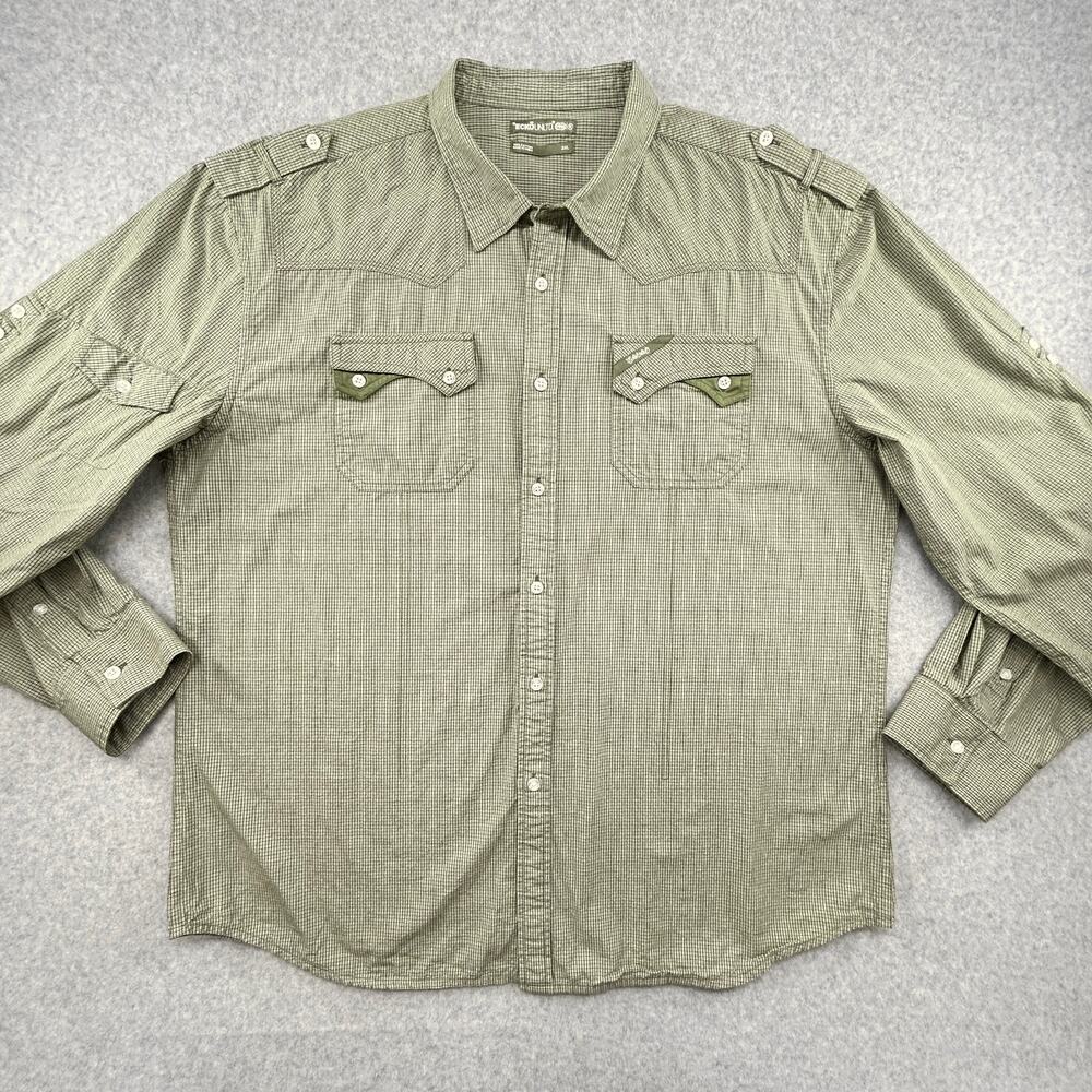 ECKO Unltd Button Up Shirt Men 3XL Green Micro Plaid L/S Epaulets Casual Streetw